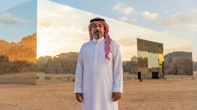رجل سعودي أمام قاعة مرايا في العلا وقت الغروب