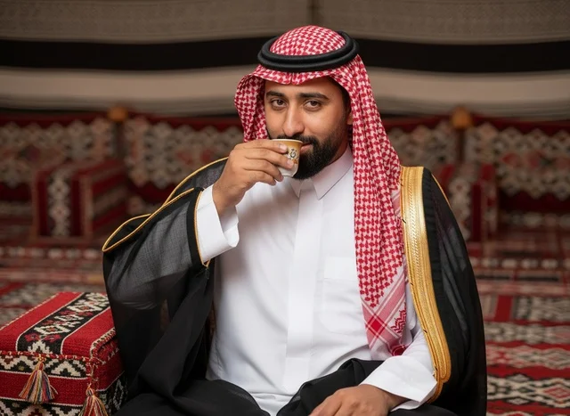 رجل سعودي بالبشت التقليدي يشرب القهوة العربية