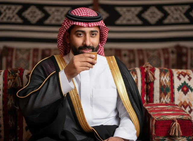 رجل سعودي بالبشت التقليدي يشرب القهوة العربية
