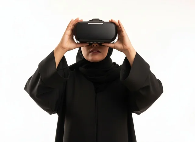 امرأة إماراتية بالعباءة تستخدم نظارة الواقع الافتراضي
