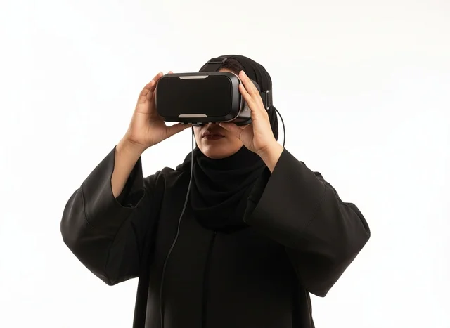 امرأة إماراتية بالعباءة تستخدم نظارة الواقع الافتراضي
