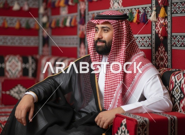 رجل سعودي يصب القهوة العربية في مجلس تقليدي