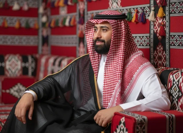 A Saudi man pours Arabic coffee in a traditional gathering.
