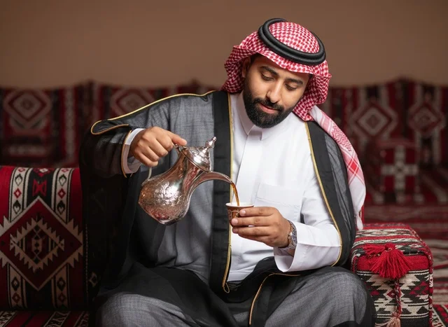 رجل سعودي يصب القهوة العربية في مجلس تقليدي