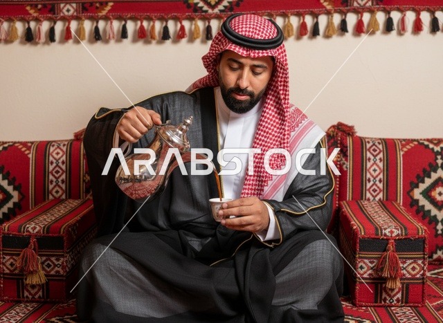 رجل سعودي يصب القهوة العربية في مجلس تقليدي