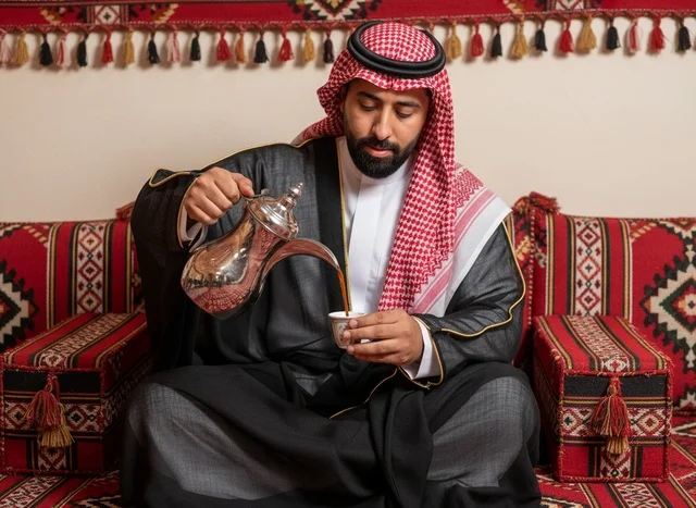 A Saudi man pours Arabic coffee in a traditional gathering. A Saudi man pours Arabic coffee in a traditional gathering.