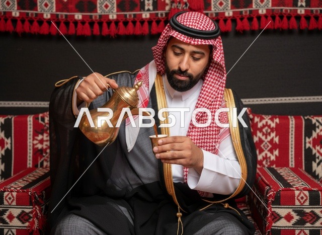 رجل سعودي يسكب القهوة العربية في مجلس تراثي