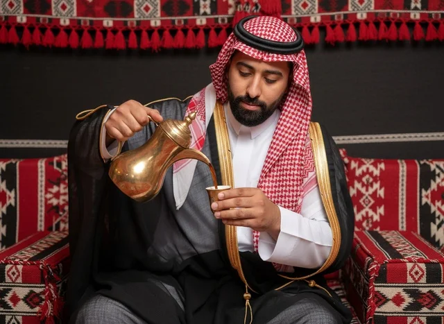 Saudi Man Pouring Arabic Coffee in Traditional Majlis