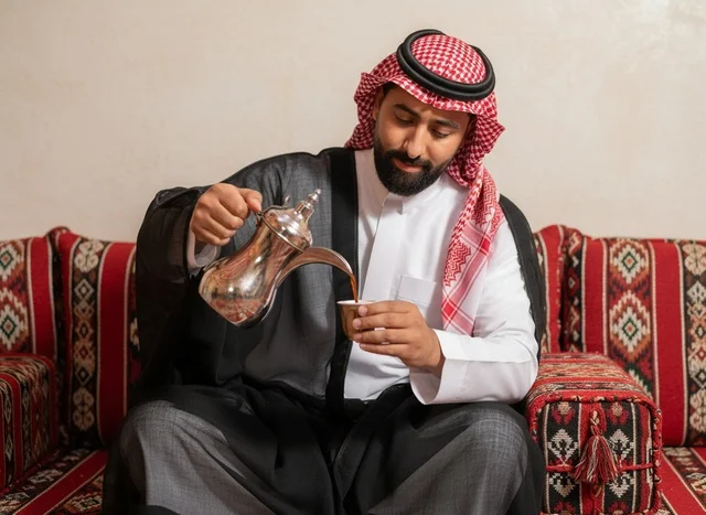Saudi Man Pouring Arabic Coffee in Traditional Majlis Saudi Man Pouring Arabic Coffee in Traditional Majlis