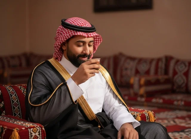 Saudi Man in Traditional Bisht Drinking Arabic Coffee