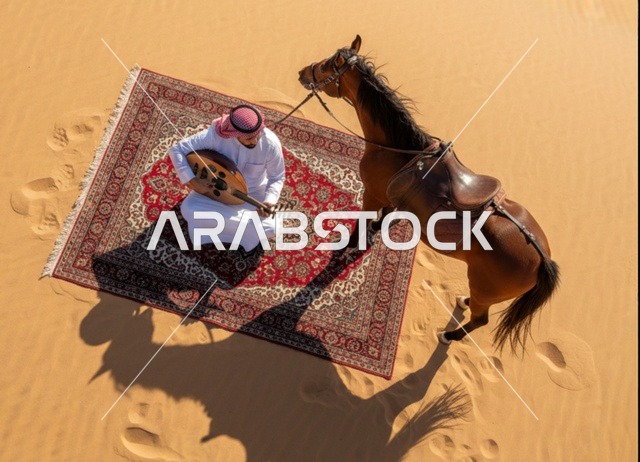 رجل سعودي يعزف العود مع خيل عربي في الصحراء