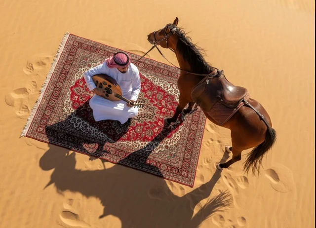 Saudi Man Playing Oud with Arabian Horse in Desert