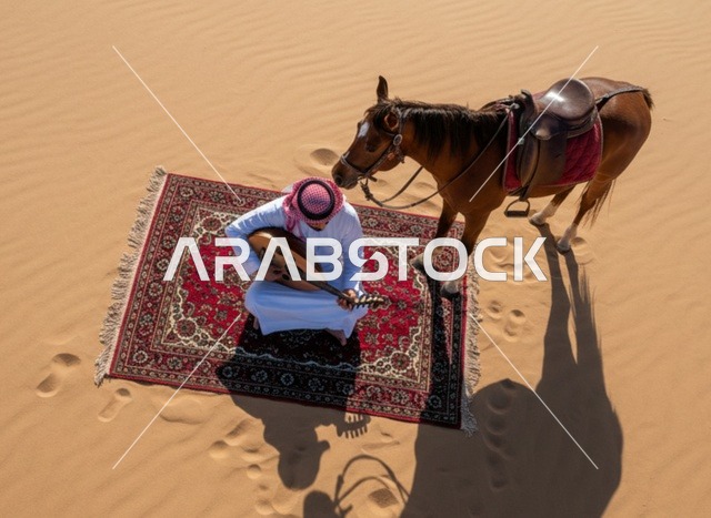 رجل سعودي يعزف العود مع خيل عربي في الصحراء