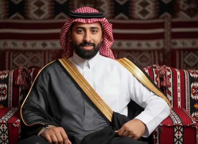 بورتريه رجل سعودي بالبشت التقليدي في مجلس تراثي