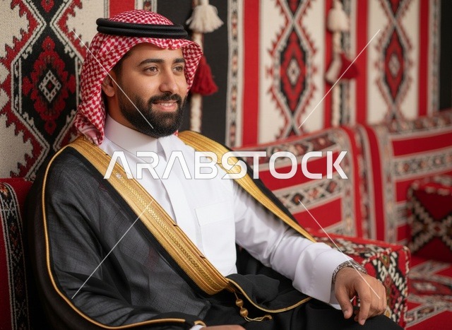رجل سعودي يصب القهوة العربية في مجلس تقليدي