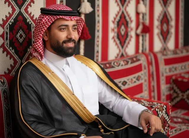 رجل سعودي يصب القهوة العربية في مجلس تقليدي