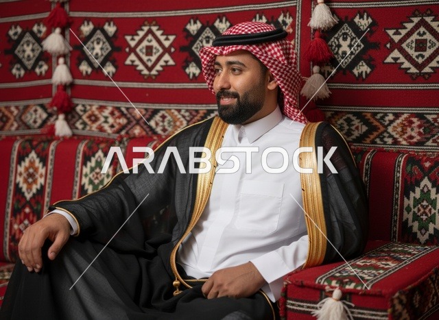 رجل سعودي يصب القهوة العربية في مجلس تقليدي