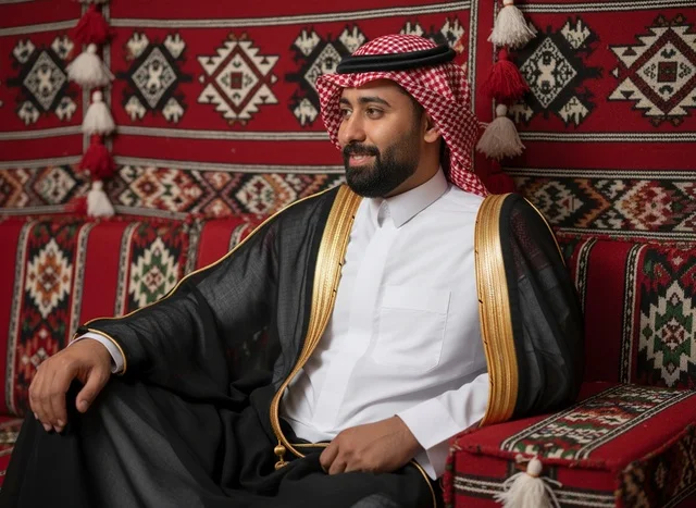 A Saudi man pours Arabic coffee in a traditional gathering.