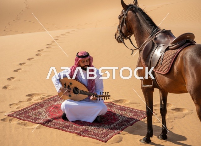 رجل سعودي يعزف العود في الصحراء مع خيل