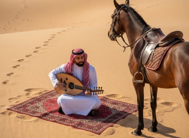 Saudi Man Playing Oud in Desert with Horse