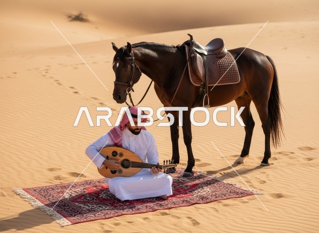 رجل سعودي يعزف العود مع خيل عربي في الصحراء