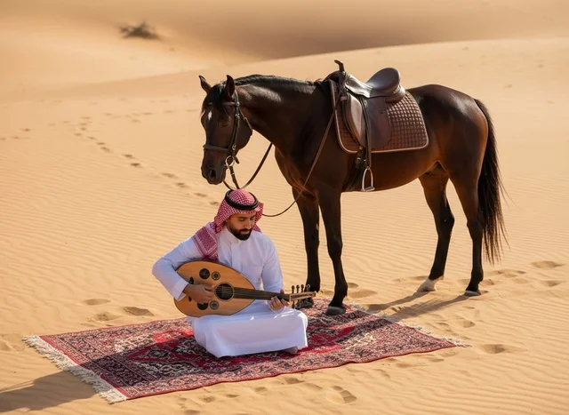 رجل سعودي يعزف العود مع خيل عربي في الصحراء