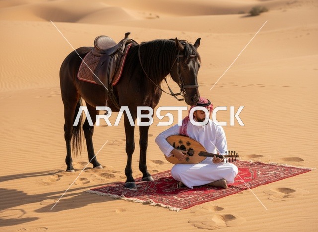 رجل سعودي يعزف العود في الصحراء مع حصان بالزي التقليدي