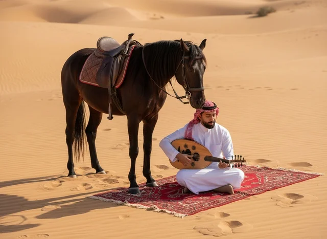 Arab Man Playing Oud in Desert with Horse Traditional Dress