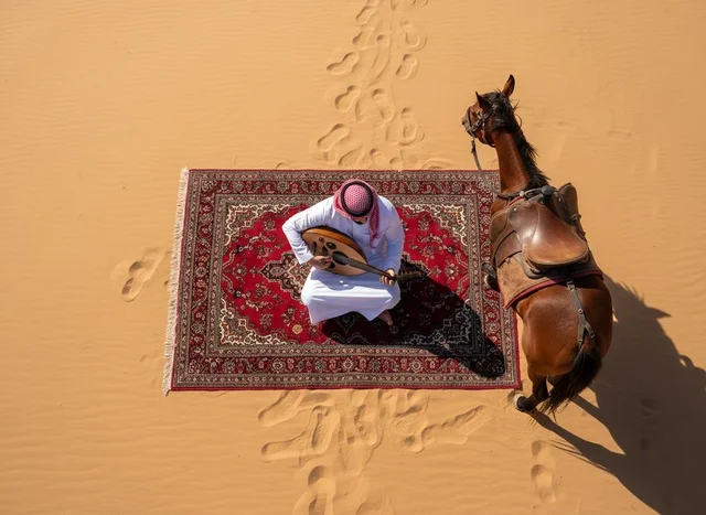 Saudi Man Playing Oud in Desert with Arabian Horse Saudi Man Playing Oud in Desert with Arabian Horse