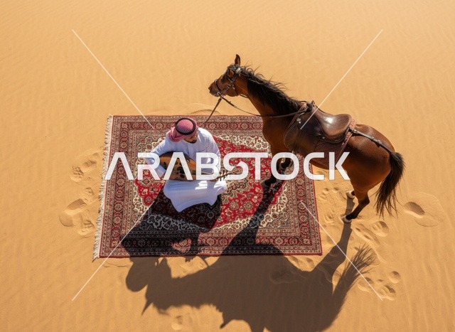 رجل سعودي يعزف العود بجانب خيله في الصحراء