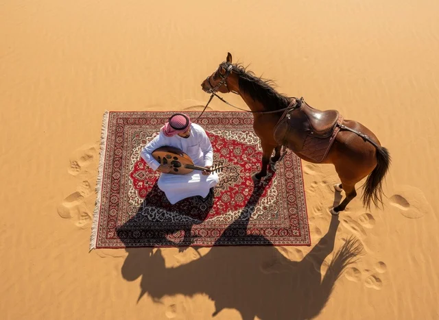 رجل سعودي يعزف العود بجانب خيله في الصحراء