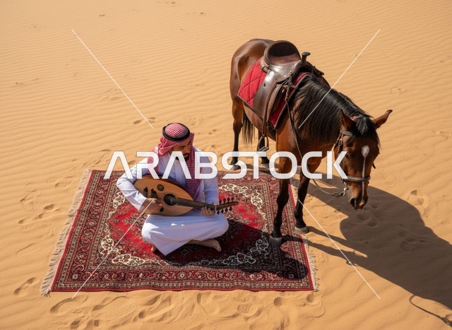 رجل سعودي يعزف العود في الصحراء مع خيل