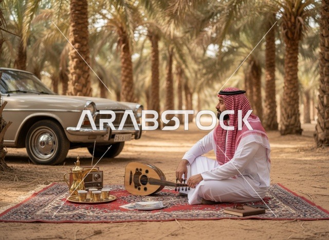 رجل سعودي يعزف العود مع خيل عربي في الصحراء