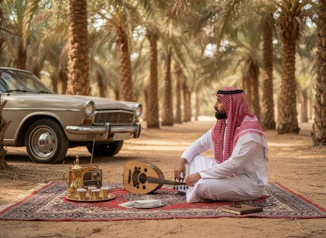 A Saudi man plays the oud with an Arabian horse in the desert.