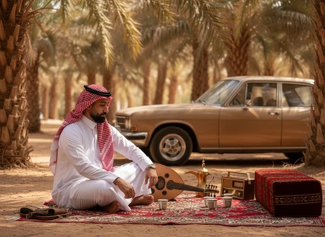 رجل سعودي بالزي التقليدي مع سيارة كلاسيكية في مزرعة نخيل