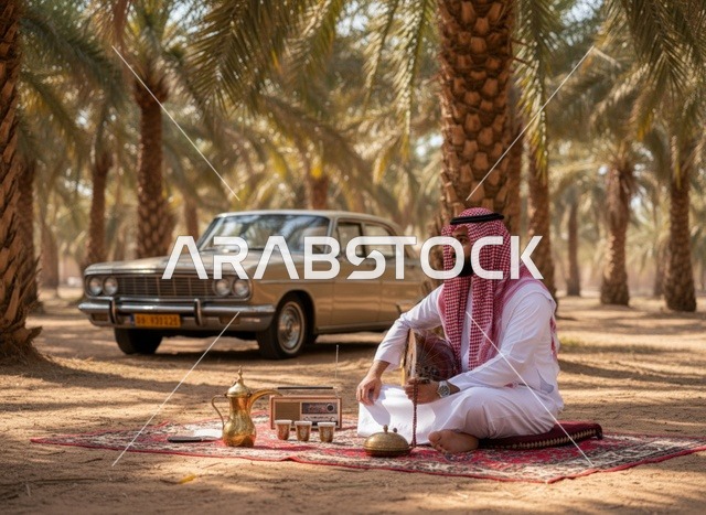 رجل سعودي يعزف العود مع خيل عربي في الصحراء