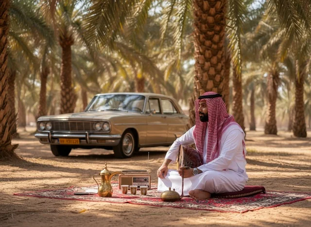 رجل سعودي يعزف العود مع خيل عربي في الصحراء