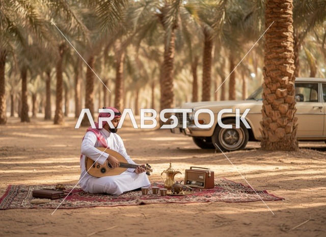 رجل سعودي يعزف العود في بستان نخيل تراثي