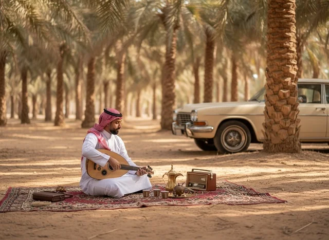 رجل سعودي يعزف العود في بستان نخيل تراثي