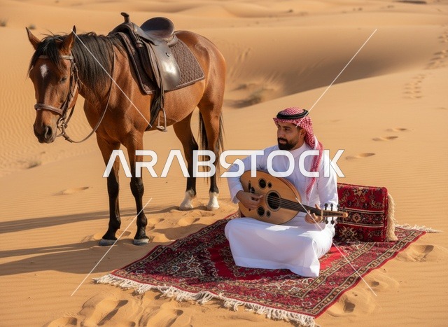 رجل سعودي يعزف العود مع حصان في الصحراء