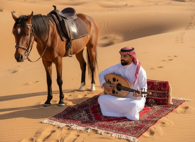 Saudi Man Playing Oud with Horse in Desert