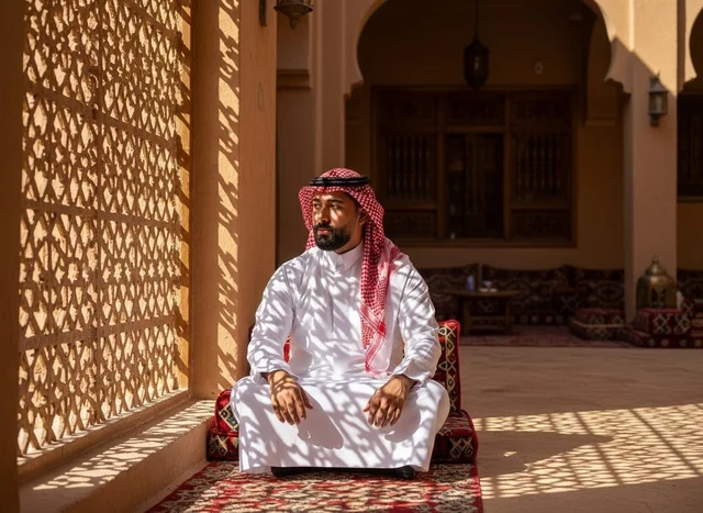 Saudi Man in Traditional Thobe with Geometric Shadows