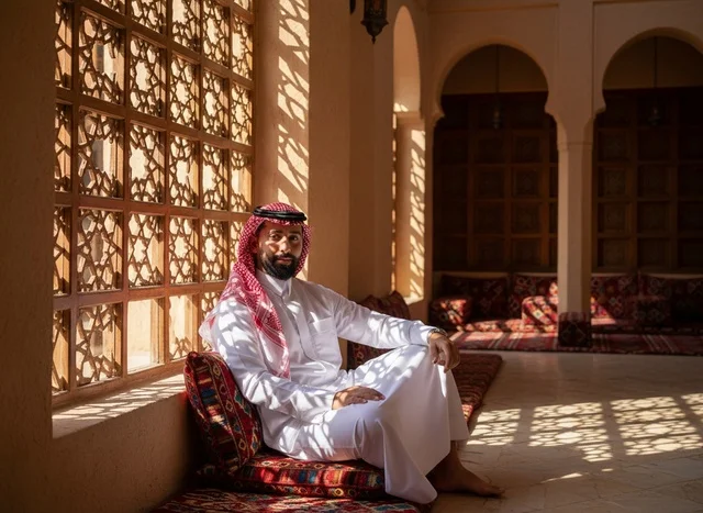 رجل سعودي بالثوب التقليدي في بيت تراثي