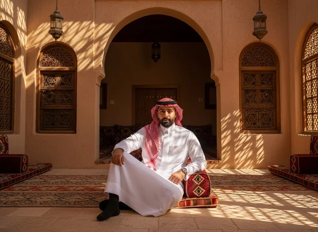 رجل سعودي بالزي التقليدي يجلس في مجلس تراثي