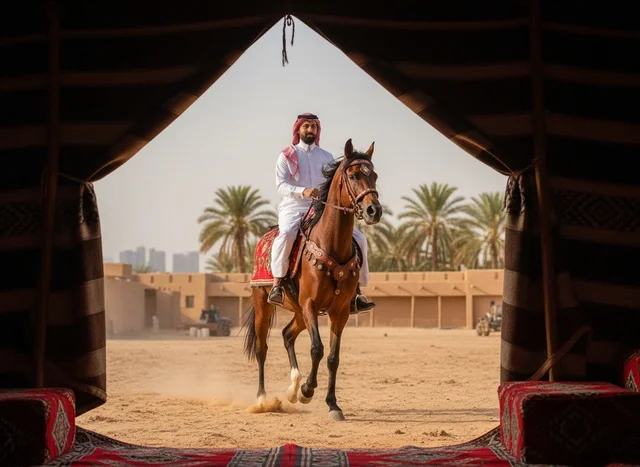 رجل سعودي يركب خيل عربي في قرية تراثية