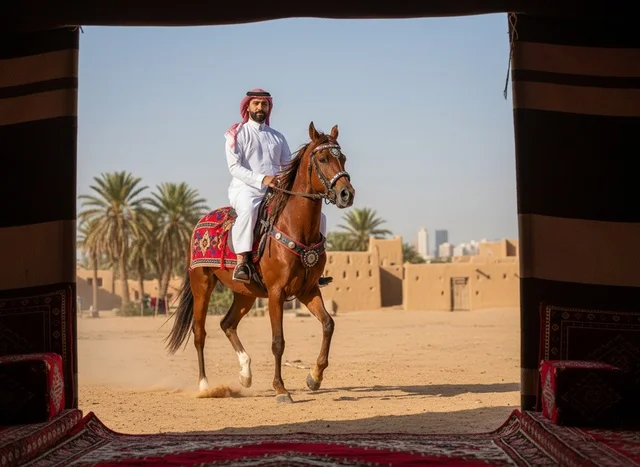 رجل سعودي يركب خيلاً في قرية تراثية صحراوية