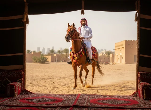 Saudi Man on Arabian Horse in Desert Heritage Camp