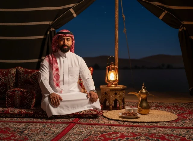 رجل سعودي في خيمة تراثية مع قهوة في الليل