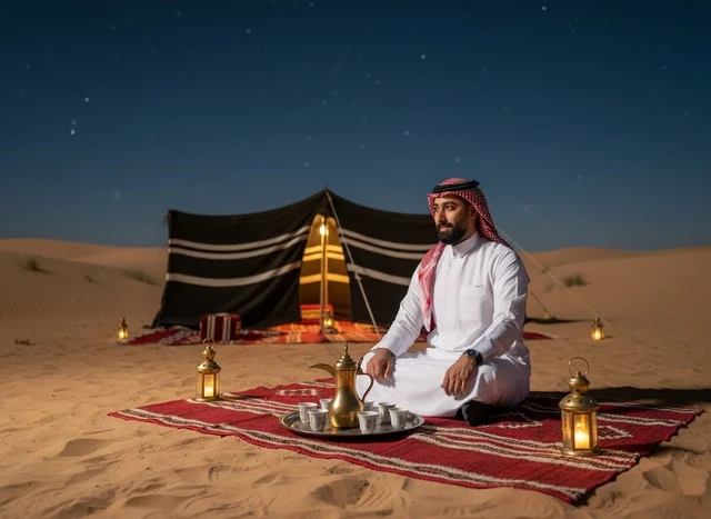 رجل سعودي بالزي التقليدي في مخيم صحراوي ليلاً