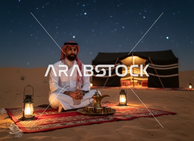 رجل سعودي يعزف العود مع خيل عربي في الصحراء
